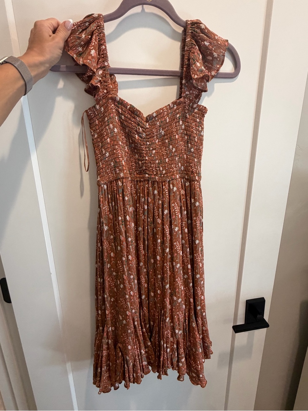 Smocked Rust Floral Midi Dress with Ruffle Straps